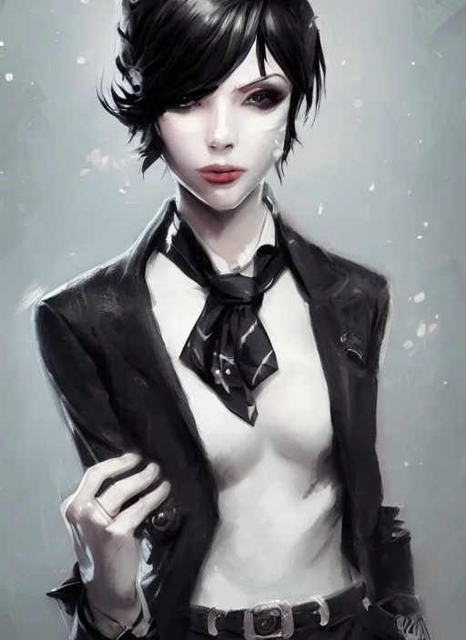 Image similar to a highly detailed illustration of beautiful short black messy haired woman wearing eyepatch!!! and noir style suit and tie, dramatic smiling pose, intricate, elegant, highly detailed, centered, digital painting, artstation, concept art, smooth, sharp focus, league of legends concept art, WLOP