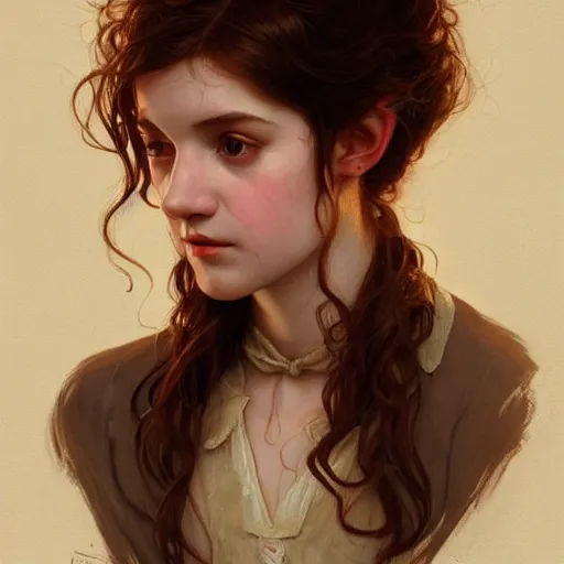 Image similar to portrait of a welsh girl with brown hair, glowing skin, delicate features, teenage amelie poulain, fantasy, intricate, elegant, dress shirt, highly detailed, digital painting, artstation, concept art, smooth, sharp focus, illustration, art by Krenz Cushart and Artem Demura and alphonse mucha