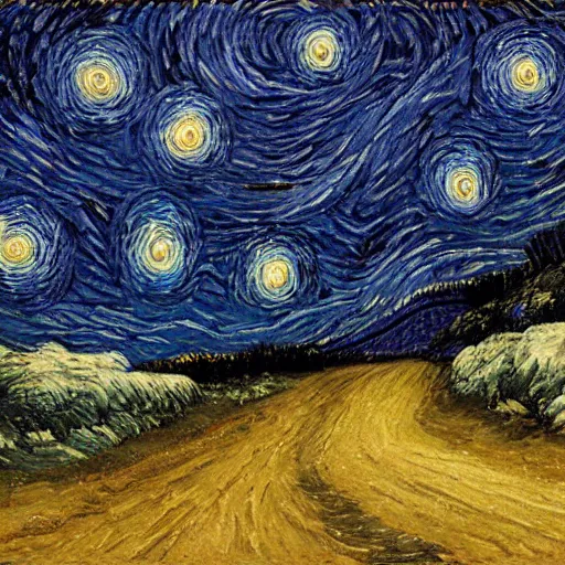 Prompt: the starry night where white is black and blue, very detailed, landscape-H 768