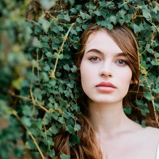 Prompt: , a girl covered in vines sitting on a rock 5 0 mm lens, f 1. 4, sharp focus, ethereal, emotionally evoking, head in focus, volumetric lighting, blur dreamy outdoor,