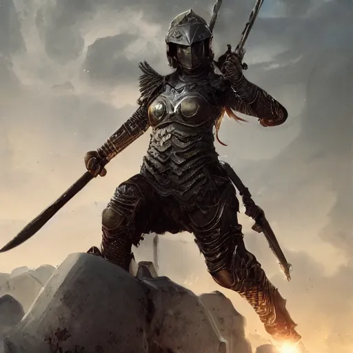 Prompt: an woman wearing metal scrap armor and an helmet holding an axe, Matte painting , detailed painting, made by Greg Rutkowski, 4k, atmospheric