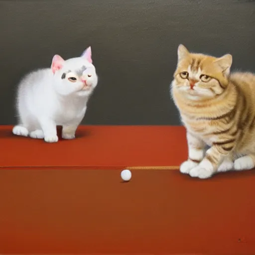 Image similar to Deux chats jouent au ping pong sur un fond orange, oil painting