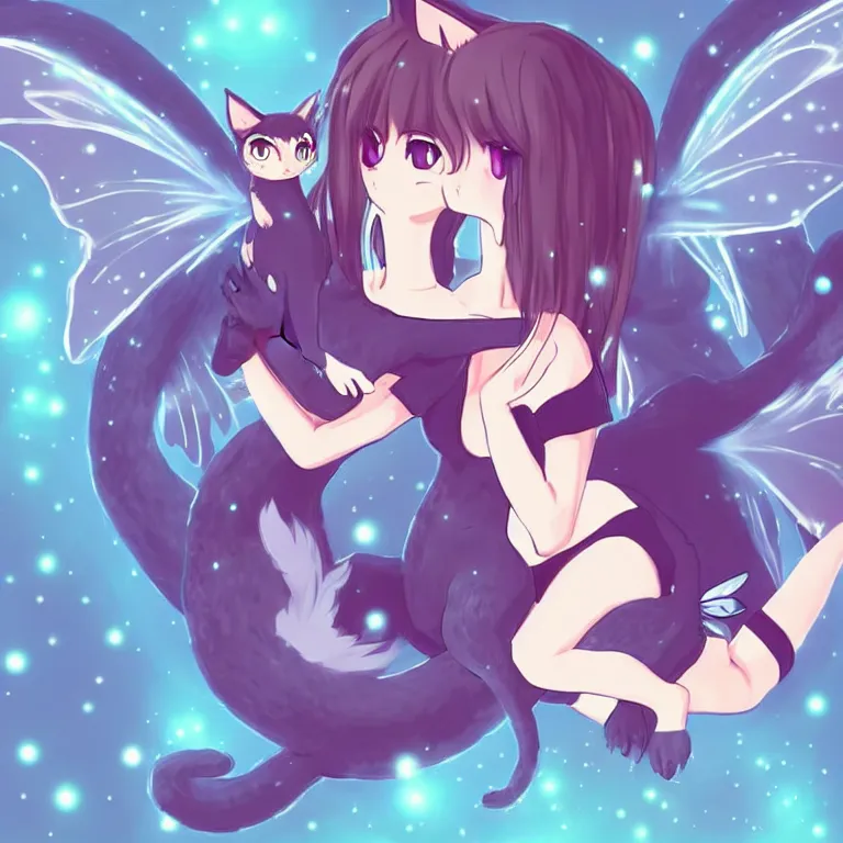 Image similar to cute, full body, female, anime style, a cat girl with fairy wings patting a small dragon, large eyes, beautiful lighting, sharp focus, simple background, creative, heart effects, filters applied, illustration