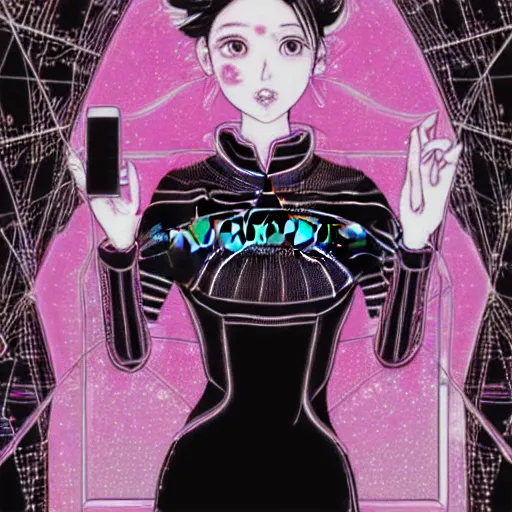 Prompt: ai yazawa cover illustration of very symmetrical portrait of woman in a steetwear illustration of cute cool fashion worn in the far future with glowing led lights and plants, futuristic!!! haute couture fashion!!!!, nanotechnology and cybernetics!!! and solar power and prosthetic, detailed elegant manga illustration intaglio