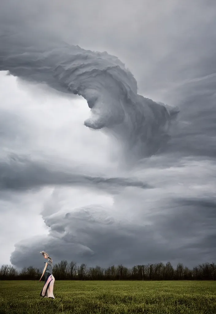 Prompt: fashion editorial in front of a tornado cloud.