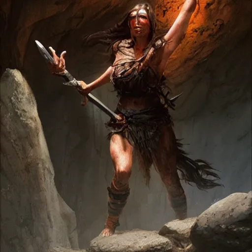 Prompt: a beautiful painting of a lone female barbarian emerging from a cave entrance with one arm raised, cinematic lighting by gerald brom and greg rutkowski,
