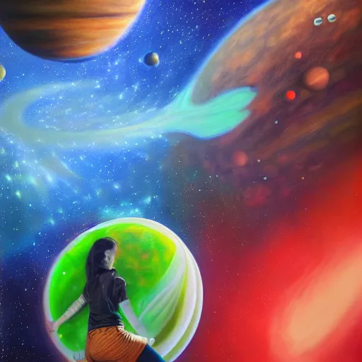 Prompt: hyperdetailed portrait of jade from homestuck floating in space between stars and planets, hyperrealism, detailed, oil painting