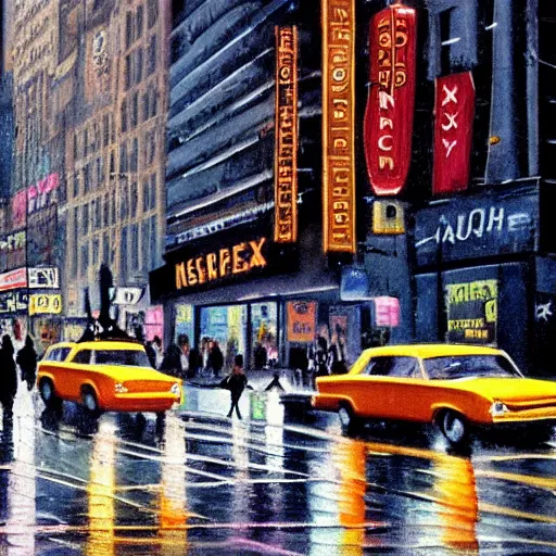 Prompt: a busy crosswalk on a rainy street in new york in the 1 9 6 0 ‘ s with lots of people walking around at night with advertisement neon lights on the buildings around it, painting eugene de la croix high detail, smooth, beautiful, aesthetic,