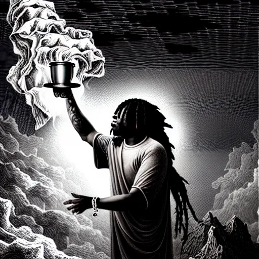 Image similar to chief keef ascending into heaven holding cup of lean and blunt, smoke surrounding subject, biblical image, style of gustave dore, highly detailed, beautiful, high contrast