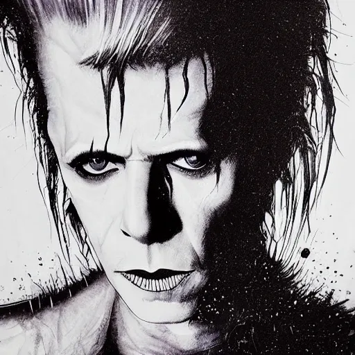 Image similar to stunning portrait of gaunt david bowie a ( the cure fan ) as dream from sandman, dim stars as eyes, by jeremy mann, by cedric peyravernay, by by russ mills, by richard avedon and ben templesmith, dramatic lightning, sadness, dark eye sockets, in the shadows, punk rock, gothic, high detailed, 8 k