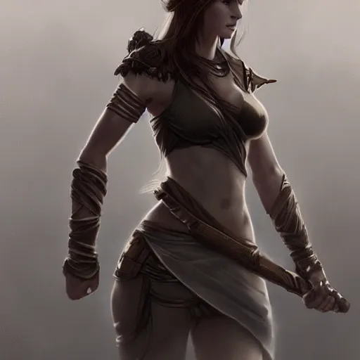 Prompt: a beautiful statuesque warrior woman, fierce look, 4 k, highly detailed, charlie bowater character art.