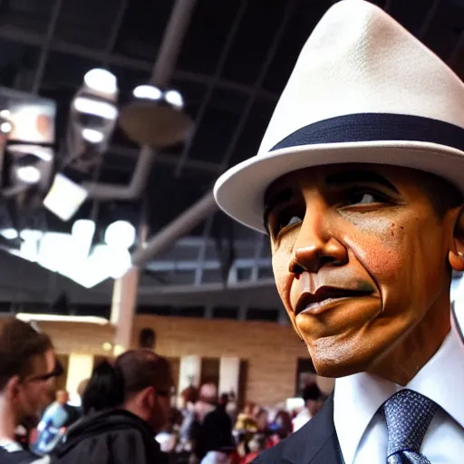 Image similar to Obama as a furry cosplayer wearing a fedora at Comic Con, neckbeard, cringelord