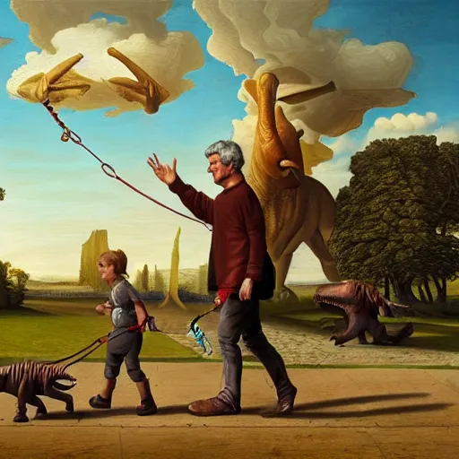 Image similar to dream a kid at the park walking a dinosaur with a leash, renaissance oil painting by George Lucas and Jarosław Jaśnikowski and Dan Mumford, hyperralistic, hyperdetailed