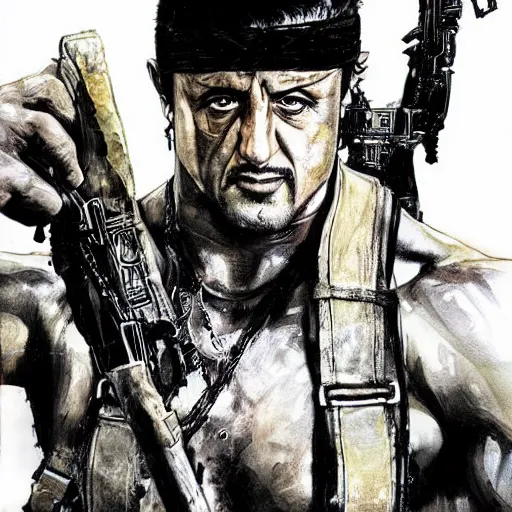 Image similar to an illustration of Stallone as Rambo by Yoji Shinkawa