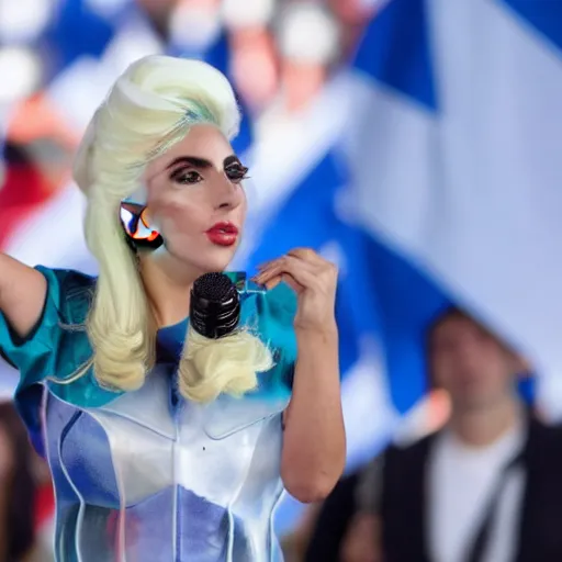 Image similar to Lady Gaga as president, Argentina presidential rally, Argentine flags behind, bokeh, giving a speech, detailed face, Argentina