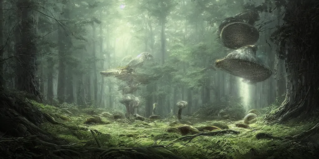 Image similar to an immense and powerful mushroom grows in a forest, it glows with an eery light, dark fantasy, Greg Rutkowski and Studio Ghibli and Ivan Shishkin