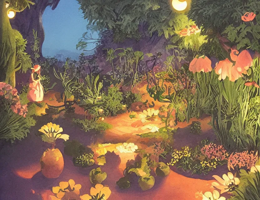 Prompt: dusk at the oasis. gouache painting by beloved children's book illustrator, chiaroscuro, bloom, backlighting, intricate details