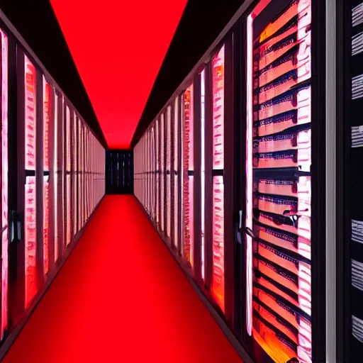 Image similar to evil server room, screen with ai face on it, dark, red lighting