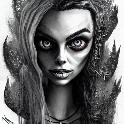 Image similar to michael karcz grunge drawing of margot robbie. , in the style of corpse bride, loony toons style, horror themed, detailed, elegant, intricate, trending on artstation, 4k