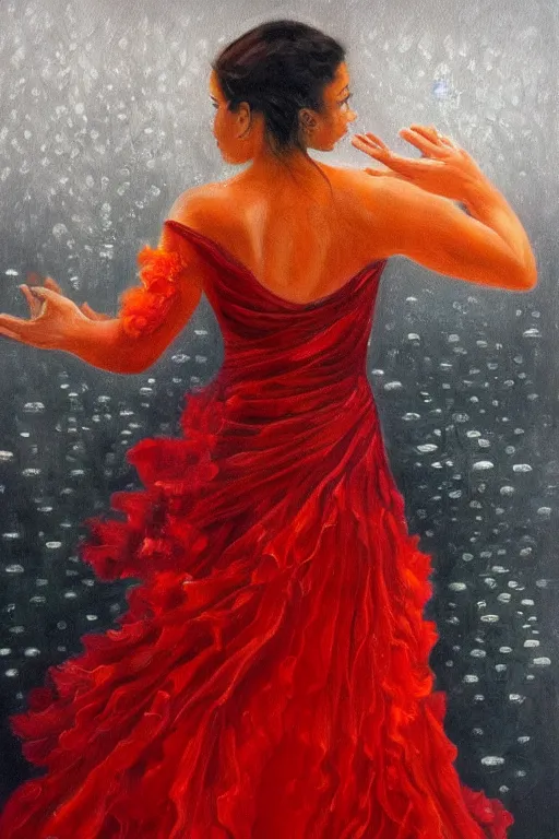 Image similar to detailed oil painting of spanish flamenco dancer walking waist deep into a crystal clear lake wearing a red dress made of flowers that's engulfed in flames, dimly lit, looking away, dark shadows, ethereal, foggy, moody, surreal