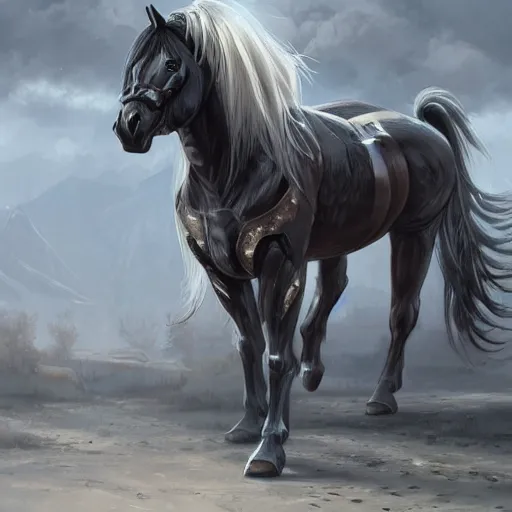 Prompt: an enormously muscular black - coated anthro horse wearing skintight armor, long white hair, high - tech facility background, highly detailed, digital painting, artstation, concept art, illustration, art by artgerm, greg rutkowski, wlop