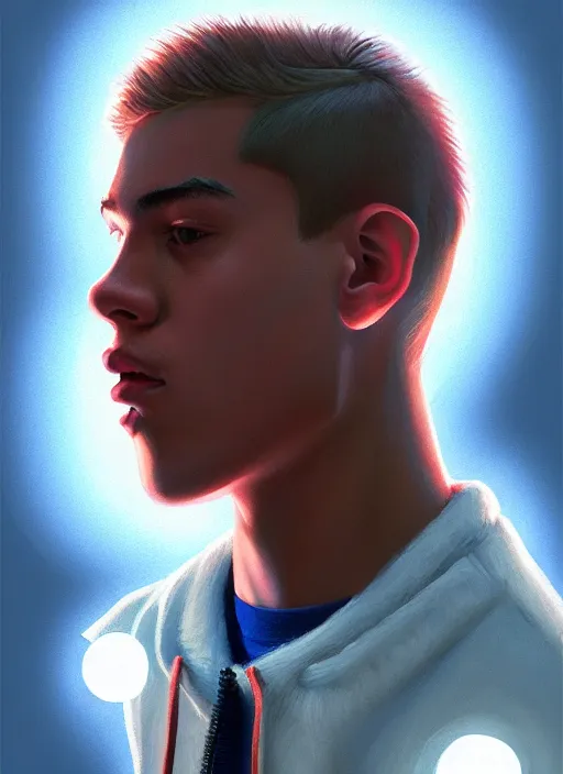 Image similar to portrait of high school senior boy named big moose, blonde short hair, jock, beefy, wide face, square jaw, square facial structure, blue varsity jacket with letter r, intricate, elegant, glowing lights, highly detailed, digital painting, artstation, concept art, sharp focus, illustration, art by wlop, mars ravelo and greg rutkowski