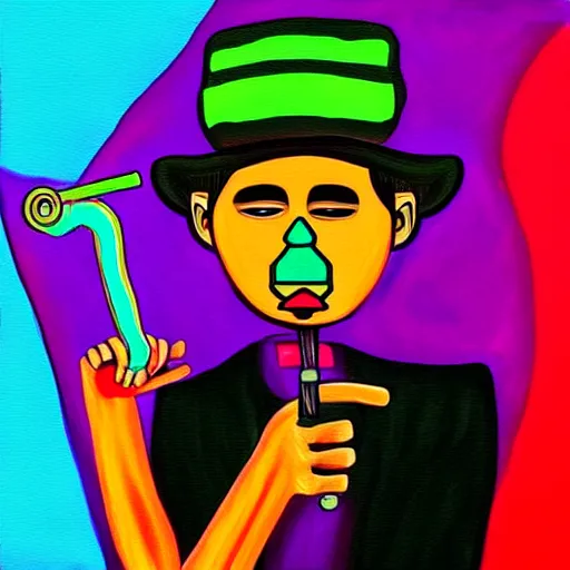 Image similar to a painting of a person with a hat and a pipe, digital art by Gabriel Ba, featured on instagram, psychedelic art, art on instagram, cosmic horror, psychedelic