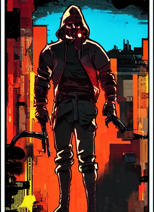 Prompt: the butcher. cyberpunk assassin with scenic background. portrait illustration, pop art, art by ashley wood, alphonse mucha, laurie greasley and josan gonzalez. cinematic. dynamic lighting. realistic proportions. creative design. cell shading