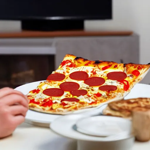 Prompt: A lop rabbit eating pizza while watching tv