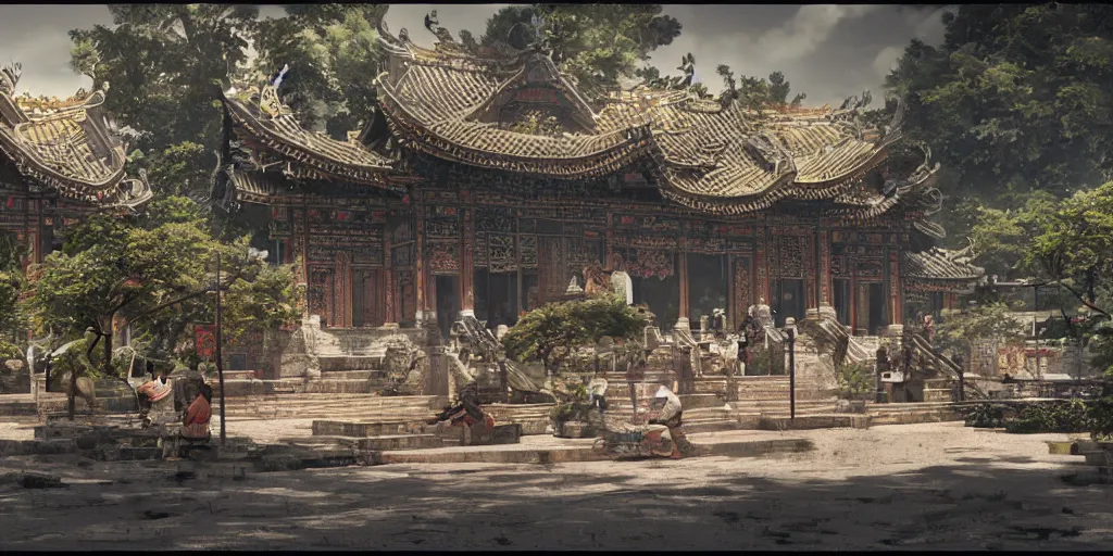 Image similar to vietnamese temple scene, side scroller, 2 d game art background, sharp, detailed, intricate, game level design, cinematic lighting, ultrarealistic, photorealistic, trending on artstation, in the style of yoji shinkawa and greg rutkowski and federico pelat