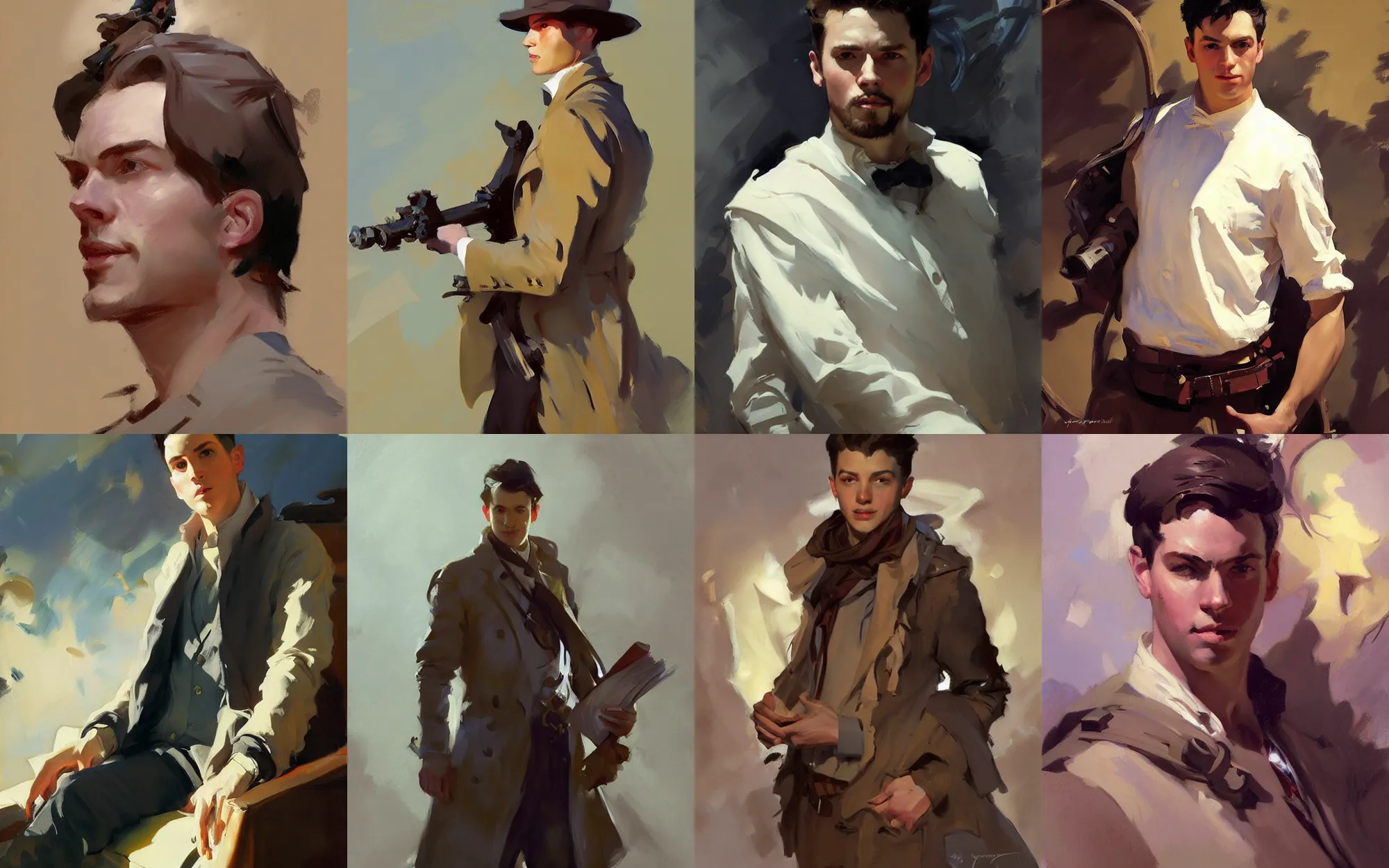 Image similar to portrait of young man traveler greg manchess painting by by sargent and leyendecker, d & d, fantasy, medium shot, asymmetrical, intricate, elegant, matte painting, illustration, hearthstone, by greg rutkowski, by greg tocchini, by james gilleard, by joe fenton