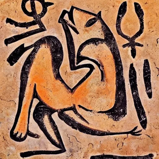 Prompt: neolithic cave painting of a half-fox warrior. strong and powerful anthropomorphic fox. gorgeous eyes. Bipedal foxman holding spear. carvings, cave scratches in cave wall. art by homo erectus. earthen colors