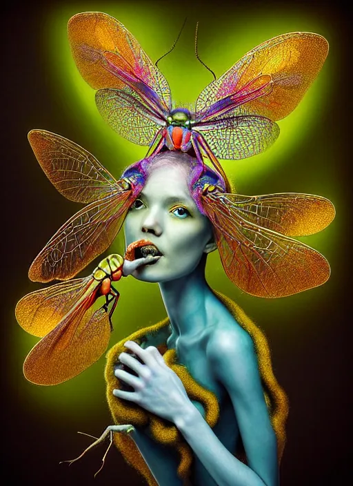 Image similar to hyper detailed 3d render like a Oil painting - kawaii half visceral portrait Aurora (gold haired Singer Praying Mantis Dragonfly) seen Eating of the Strangling network of yellowcake aerochrome and milky Fruit and Her gilded compound eyes delicate Hands hold of gossamer polyp blossoms bring iridescent fungal flowers whose spores black the foolish stars by Jacek Yerka, Mariusz Lewandowski, Houdini algorithmic generative render, Abstract brush strokes, Masterpiece, Edward Hopper and James Gilleard, Zdzislaw Beksinski, Mark Ryden, Wolfgang Lettl, hints of Yayoi Kasuma, octane render, 8k