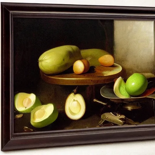 Image similar to still life by willem claesz heda, avocados, bread