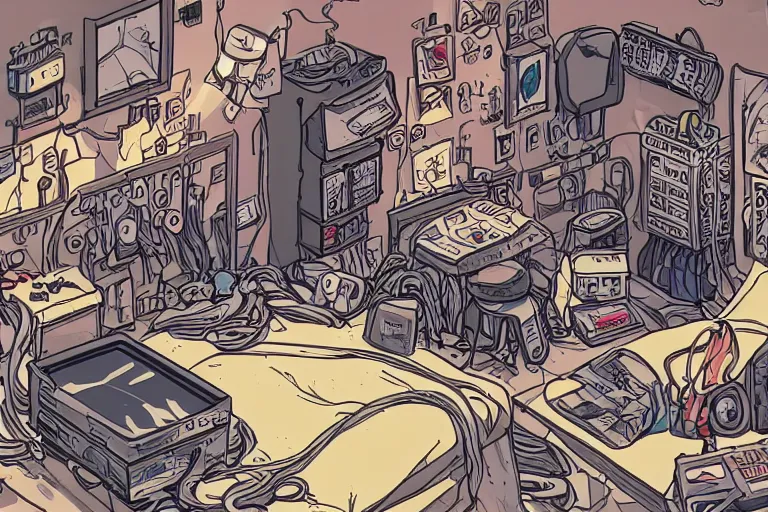 Image similar to a highly detailed illustration of a messy gamer's bedroom, tangled wires, dim lights, messy bed, a sink, cyberpunk, dystopian,