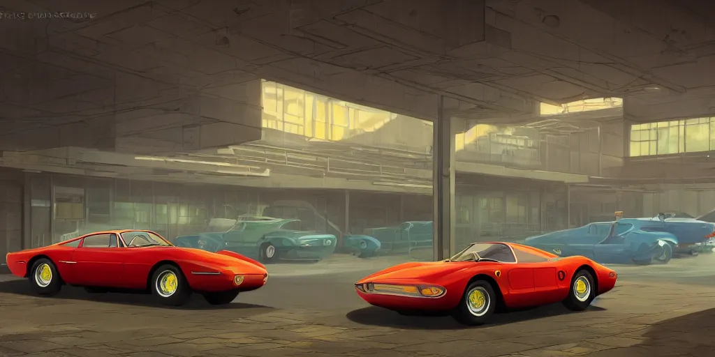 Image similar to a wholesome animation key shot of a focused old ferrari car parked in an multi-storey car park, medium shot, waist up, studio Ghibli, Pixar and Disney animation, sharp, very detailed, high resolution, Rendered in Unreal Engine 5, anime key art by Greg Rutkowski, Bloom, dramatic lighting