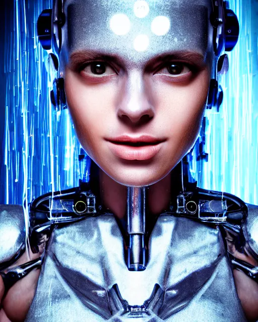 Image similar to photo of soulful female as a cyberpunk mecha humanoid robotic head and face parts with straight bright led lights, small light emitting cables, under a shower, wet skin with water dripping down face, ultra - realistic and detailed, long exposure 8 k