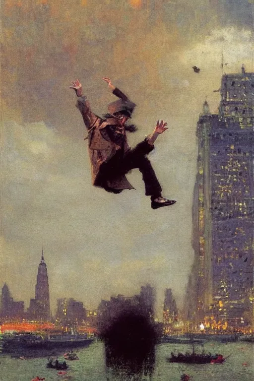 Image similar to a young man flying through new york city. his hands stretched to the side. a floating circus in the background. art by ilya repin.