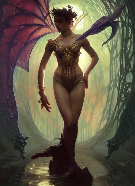 Image similar to dancer of the underworld, d & d, wet, shiny, fantasy, intricate, elegant, higly detailed, ultra definition, digital painting, artstation, unreal engine rendered, concept art, smooth, sharp focus, illustration, art by artgerm and greg rutkowski and alphonse mucha and garis edelweiss