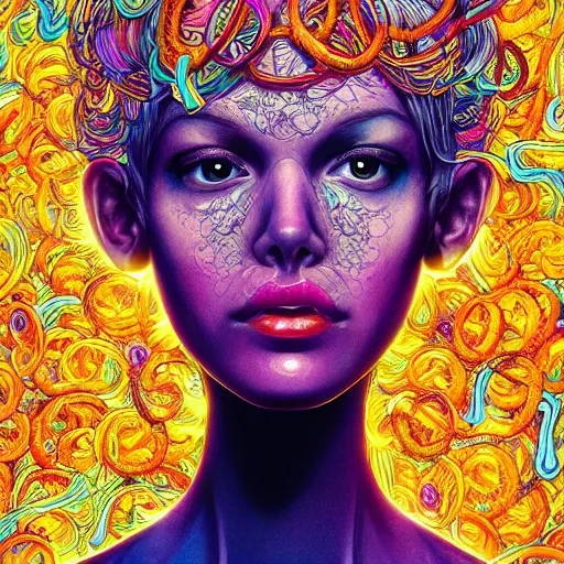 Image similar to the head of a ridiculously beautiful and pretty woman partially made of onion rings of all colors looking up, an ultrafine detailed illustration by james jean, final fantasy, intricate linework, bright colors, behance contest winner, vanitas, angular, altermodern, unreal engine 5 highly rendered, global illumination, radiant light, detailed and intricate environment