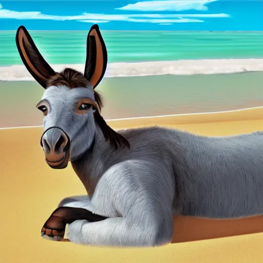 Prompt: a donkey lying on a beach sunbed and wearing cool sunglasses, digital art, amazing detail