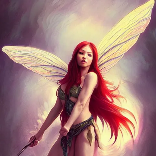 Image similar to beautiful natural fairy winged redhead martial artist fantasy fairy cute karate fey fae muscular body fairy summer spring seasons cruel bloody killer, kung fu, vivid colors, intricate, elegant, highly detailed, digital painting, artstation, concept art, smooth, sharp focus, illustration, art by artgerm and greg rutkowski and alphonse mucha and loish and wlop