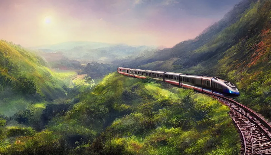 Prompt: panorama train line through valley, green hills, matte painting, artstation, sunrise, blue sky