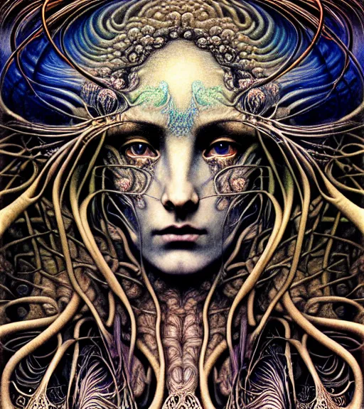 Image similar to detailed realistic beautiful psychedelic goddess face portrait by jean delville, gustave dore, iris van herpen and marco mazzoni, art forms of nature by ernst haeckel, art nouveau, symbolist, visionary, gothic, neo - gothic, pre - raphaelite, fractal lace, intricate alien botanicals, ai biodiversity, surreality, hyperdetailed ultrasharp octane render