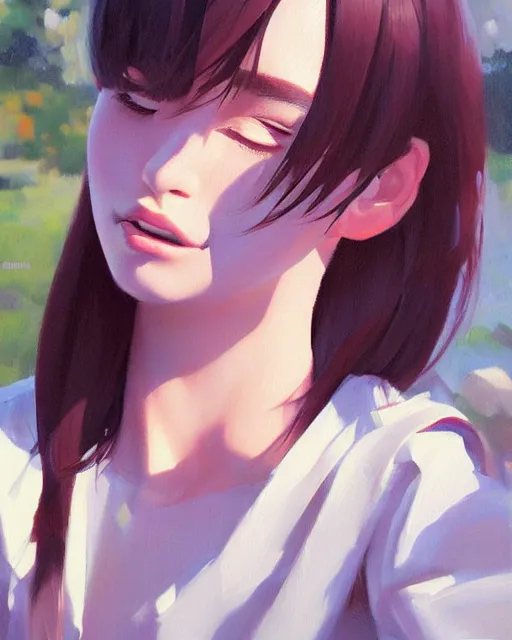 Image similar to A ultradetailed beautiful portrait panting of a stylish girl taking a selfie, Oil painting, by Ilya Kuvshinov, Greg Rutkowski and Makoto Shinkai