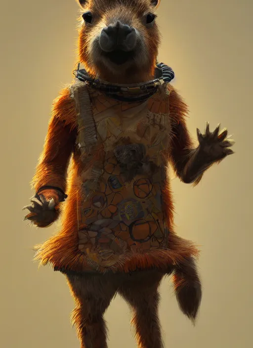 Image similar to detailed full body concept art illustration, oil painting on canvas of an anthropomorphic capybara teacher in full intricate clothing, biomutant, dystopian, micro detail, octane render, 4K