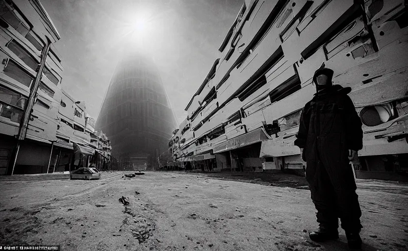 Image similar to In a futuristic space city of Neo Norilsk on the Moon, a Mysterious man is standing in the middle of a street photo by Trent Parke, the sun is blinding, a Russian city on the Moon