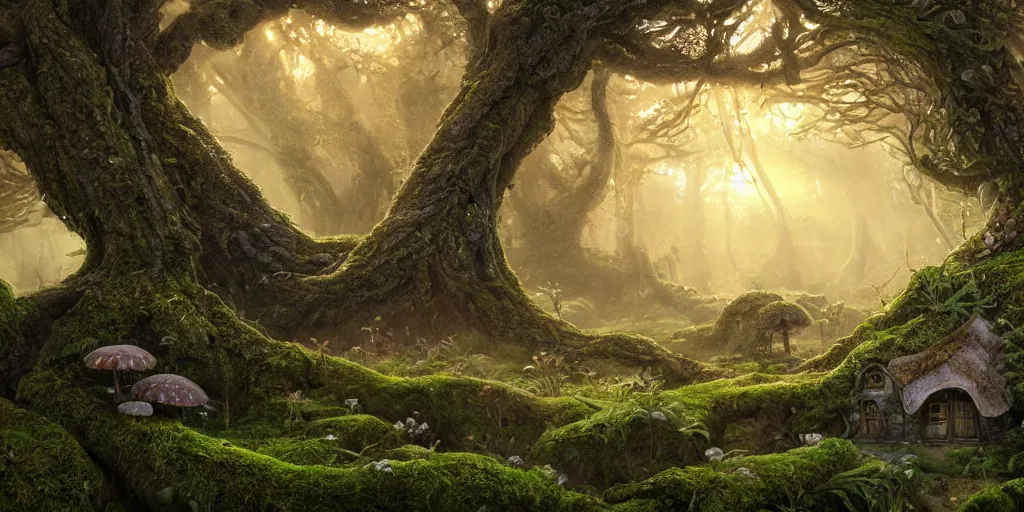 Image similar to a photorealistic cg render of huge old twisted tree with tiny mossy hobbit houses built into it, covered in moss, flowers and mushrooms, hints of peter mohrbacher, georges remi, albert uderzo, super - realistic, insanely intricate and detailed, sunset, volumetric lighting, god rays, 4 k, high definition