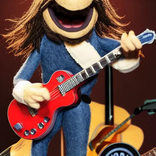 Image similar to bearded dave grohl as a muppet playing guitar. highly detailed felt. hyper real photo. 4 k.