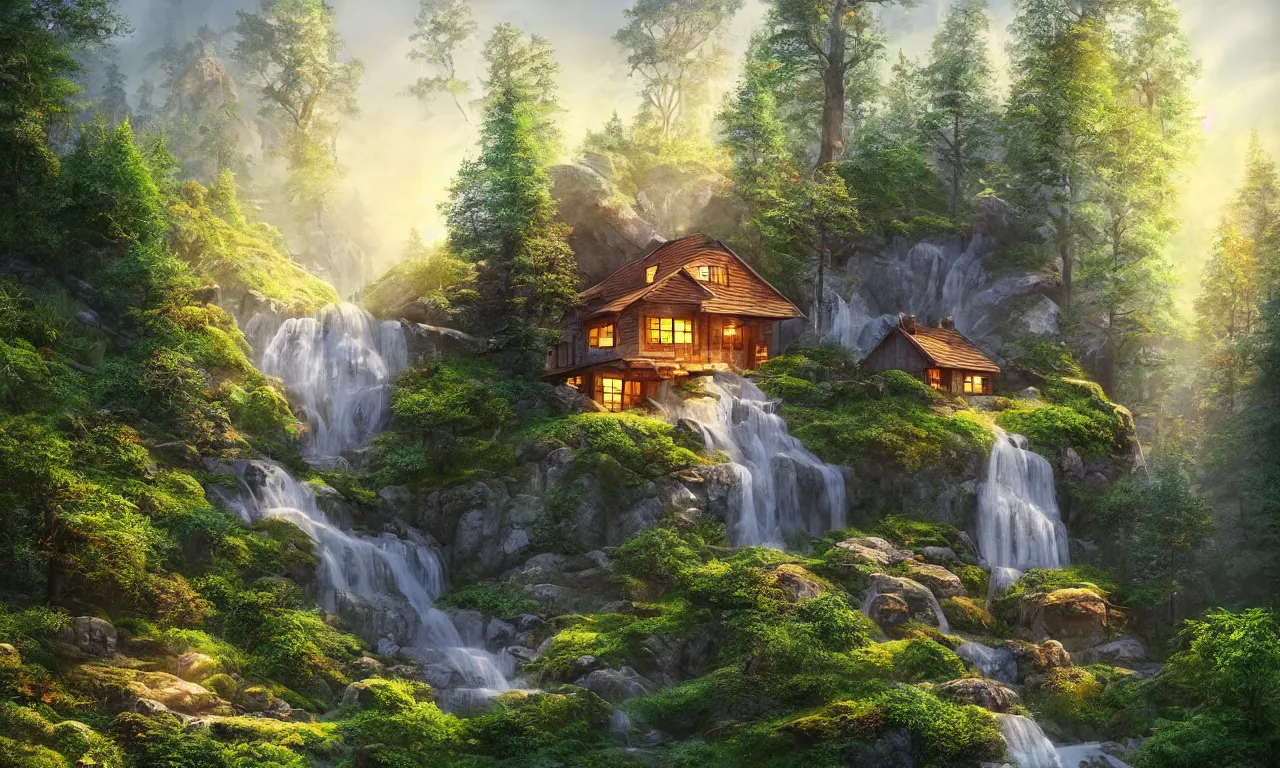 Image similar to scandinavian house in the forest on a hill, pixar, a waterfall flows down from the mountain in the background, vector art, fabulous, global illumination, warm lighting, by jordan grimmer